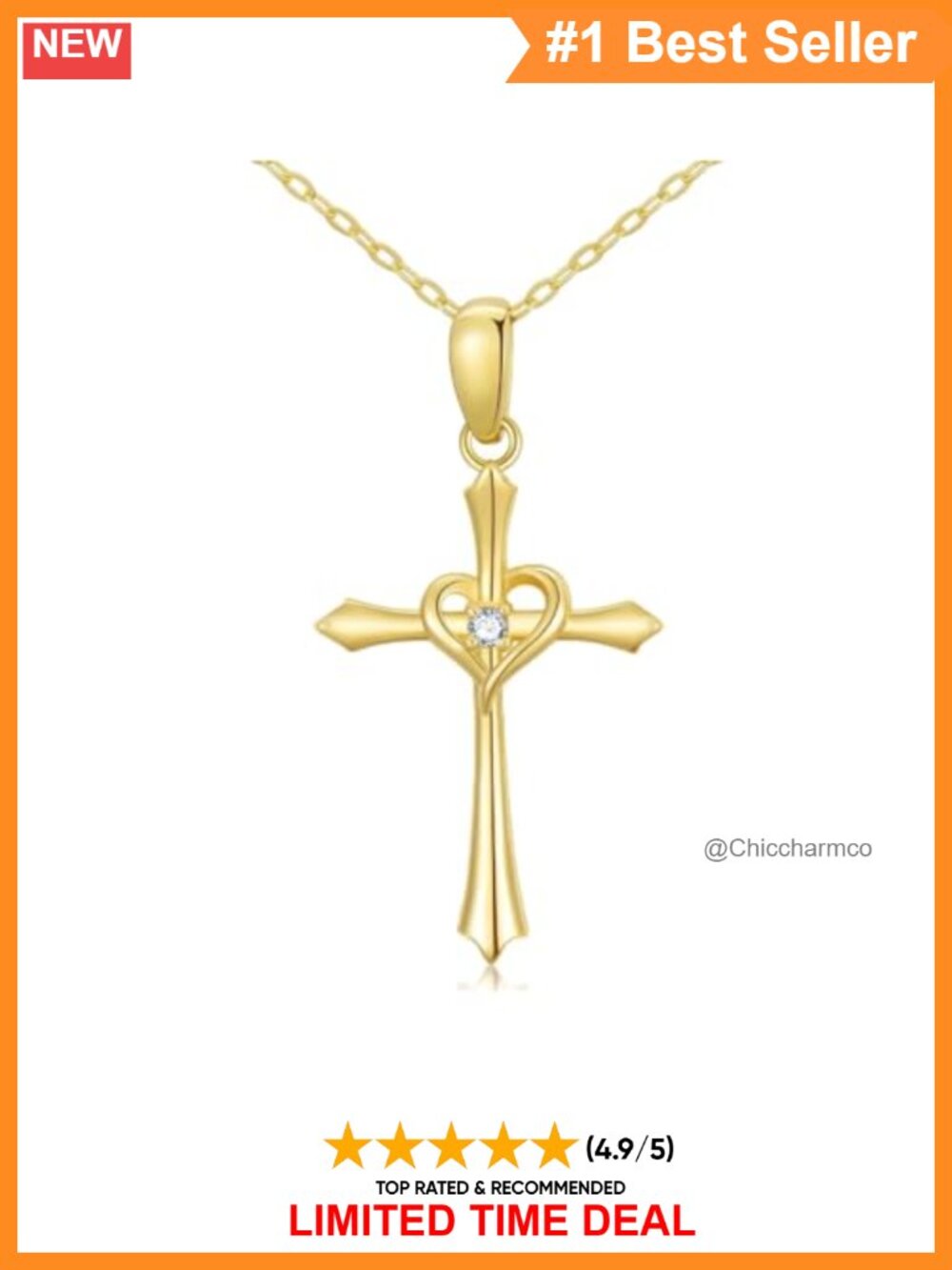 14K Solid Gold Cross Heart Pendant Necklace Adjustable 16-18 Inch for Women